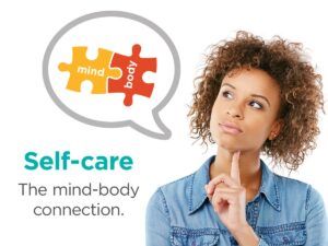 Self-care: The mind-body connection. Women with thought bubble that shows two puzzle pieces coming together to read mind and body.